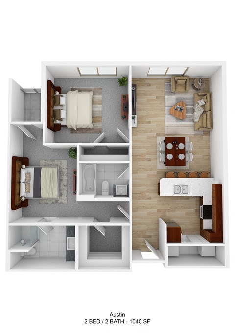 Floor plan for 2 beds, 2 baths, 1040 sqft